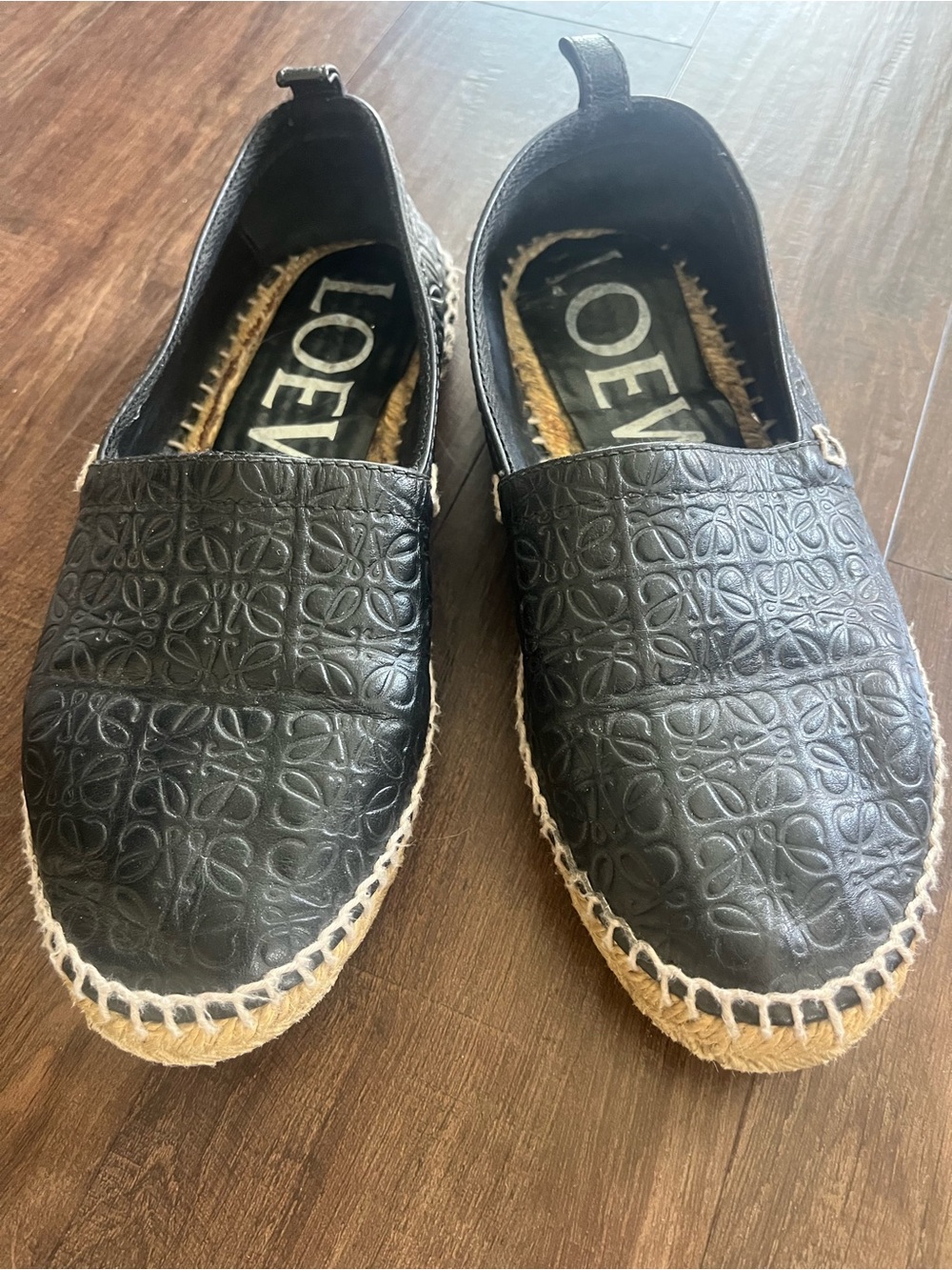 Loewe Black Embossed Leather Espadrille Slip-Ons with Jute Trim